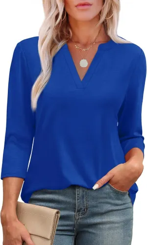 OFEEFAN 3/4 Length Sleeve Womens Tops V Neck Tunic Shirts Loose Curved Hem Blouses Dressy Casual S-3XL