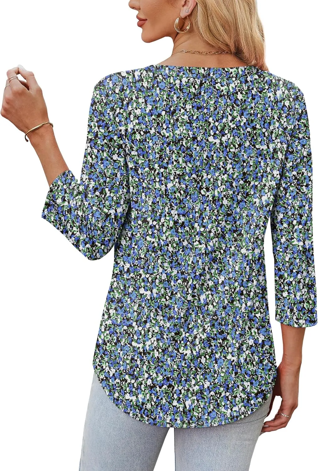 OFEEFAN 3/4 Length Sleeve Womens Tops V Neck Tunic Shirts Loose Curved Hem Blouses Dressy Casual S-3XL