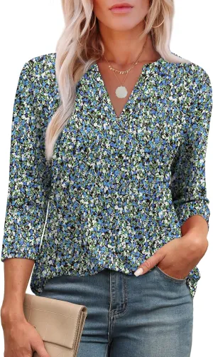 OFEEFAN 3/4 Length Sleeve Womens Tops V Neck Tunic Shirts Loose Curved Hem Blouses Dressy Casual S-3XL