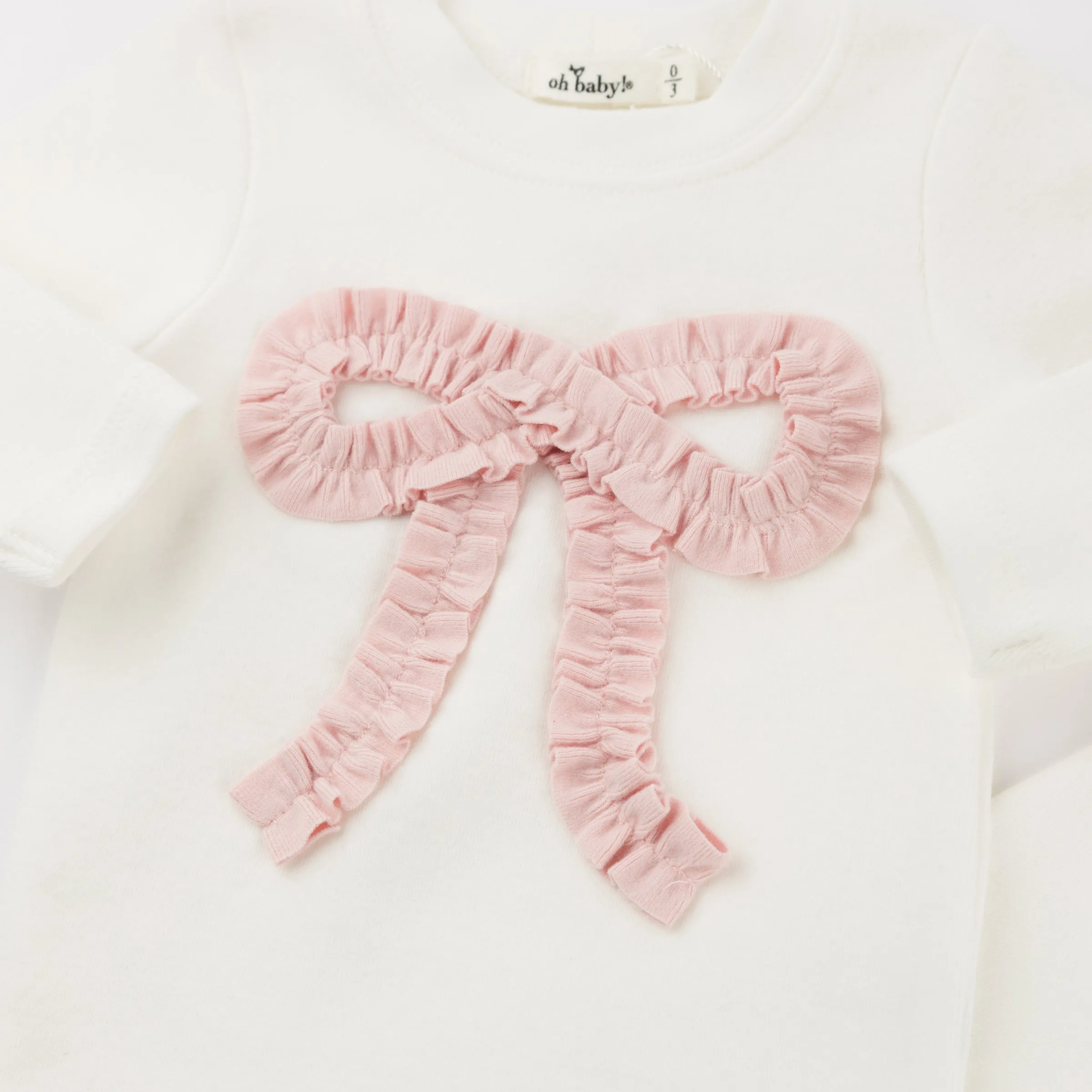 oh baby! Two Piece Set - Baby Pink Knit Ruffle Bow Applique - Cream