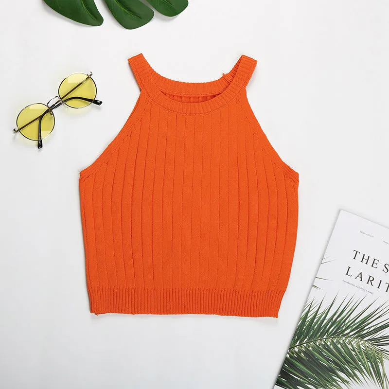 PEOPLETERRITORY 2025 Express popular sports short vest women's summer neck knitting slim tube top small suspender top