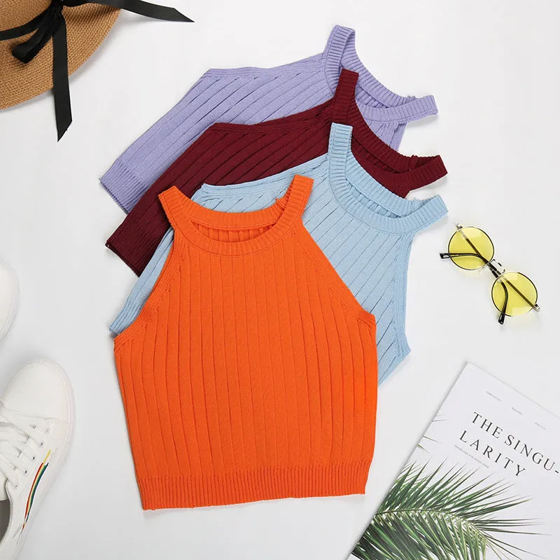 PEOPLETERRITORY 2025 Express popular sports short vest women's summer neck knitting slim tube top small suspender top