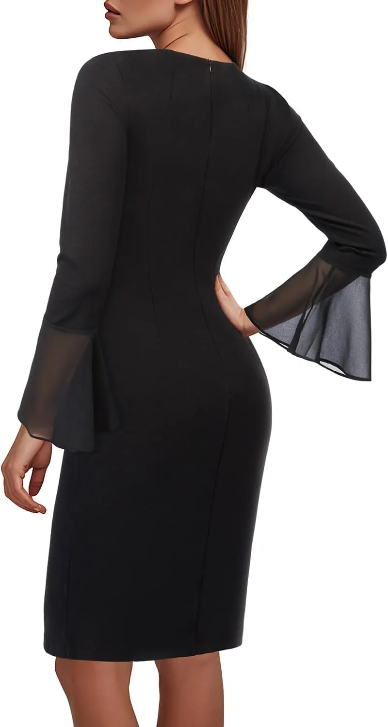 Pinup Fashion Work Dresses for Women Business Long Sleeve Fall Bodycon Pencil Knee Length Sheath Elegant Dress