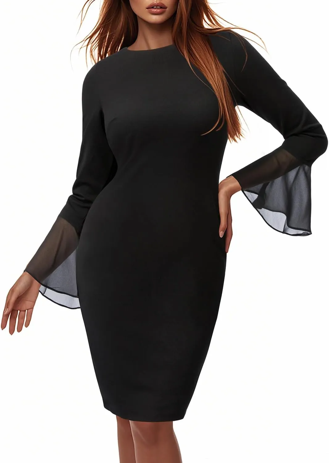 Pinup Fashion Work Dresses for Women Business Long Sleeve Fall Bodycon Pencil Knee Length Sheath Elegant Dress