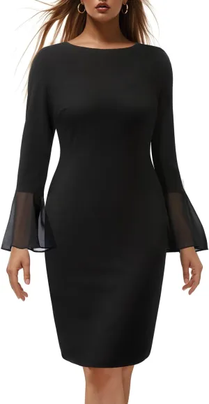 Pinup Fashion Work Dresses for Women Business Long Sleeve Fall Bodycon Pencil Knee Length Sheath Elegant Dress