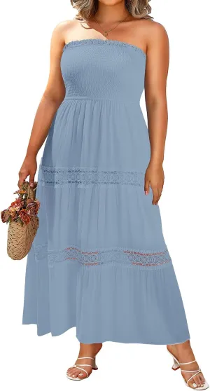 Plus Size Summer Dress- Beach Tube Casual Boho Strapless Flowy Long Sun Maxi Dresses