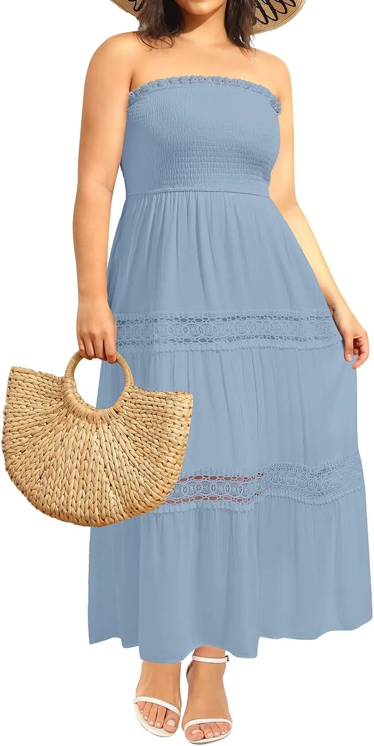 Plus Size Summer Dress- Beach Tube Casual Boho Strapless Flowy Long Sun Maxi Dresses