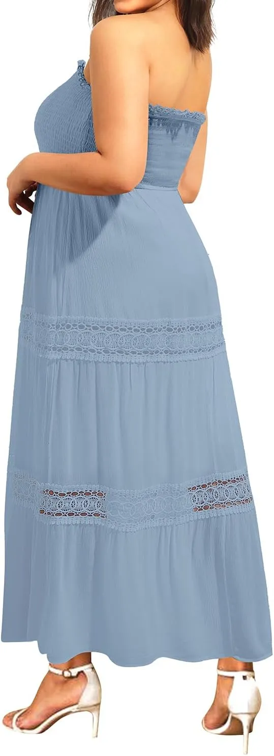 Plus Size Summer Dress- Beach Tube Casual Boho Strapless Flowy Long Sun Maxi Dresses