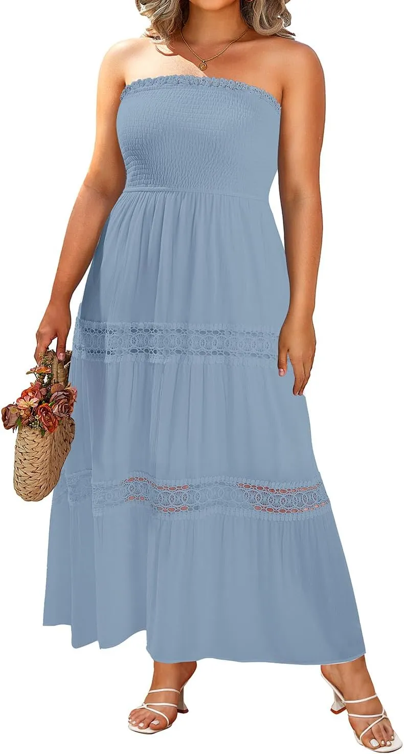 Plus Size Summer Dress- Beach Tube Casual Boho Strapless Flowy Long Sun Maxi Dresses