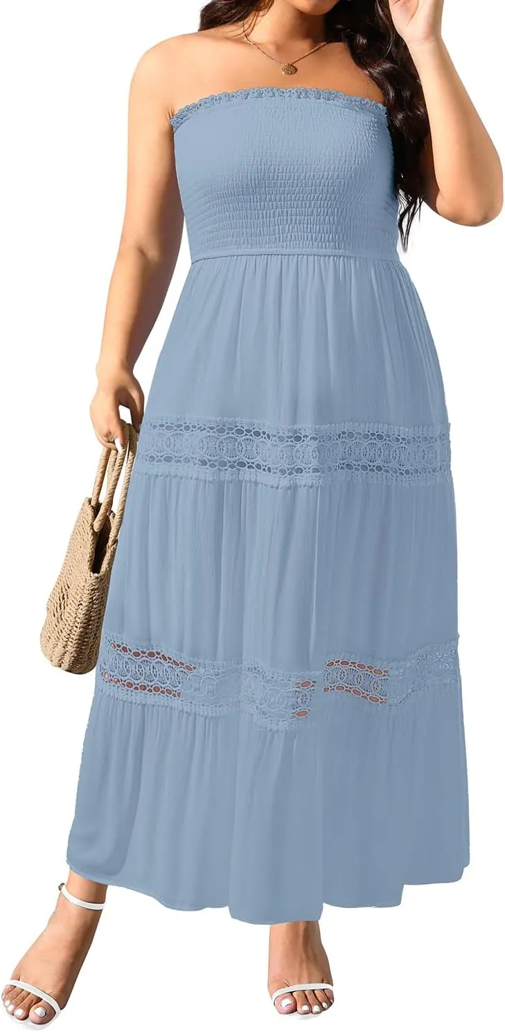 Plus Size Summer Dress- Beach Tube Casual Boho Strapless Flowy Long Sun Maxi Dresses