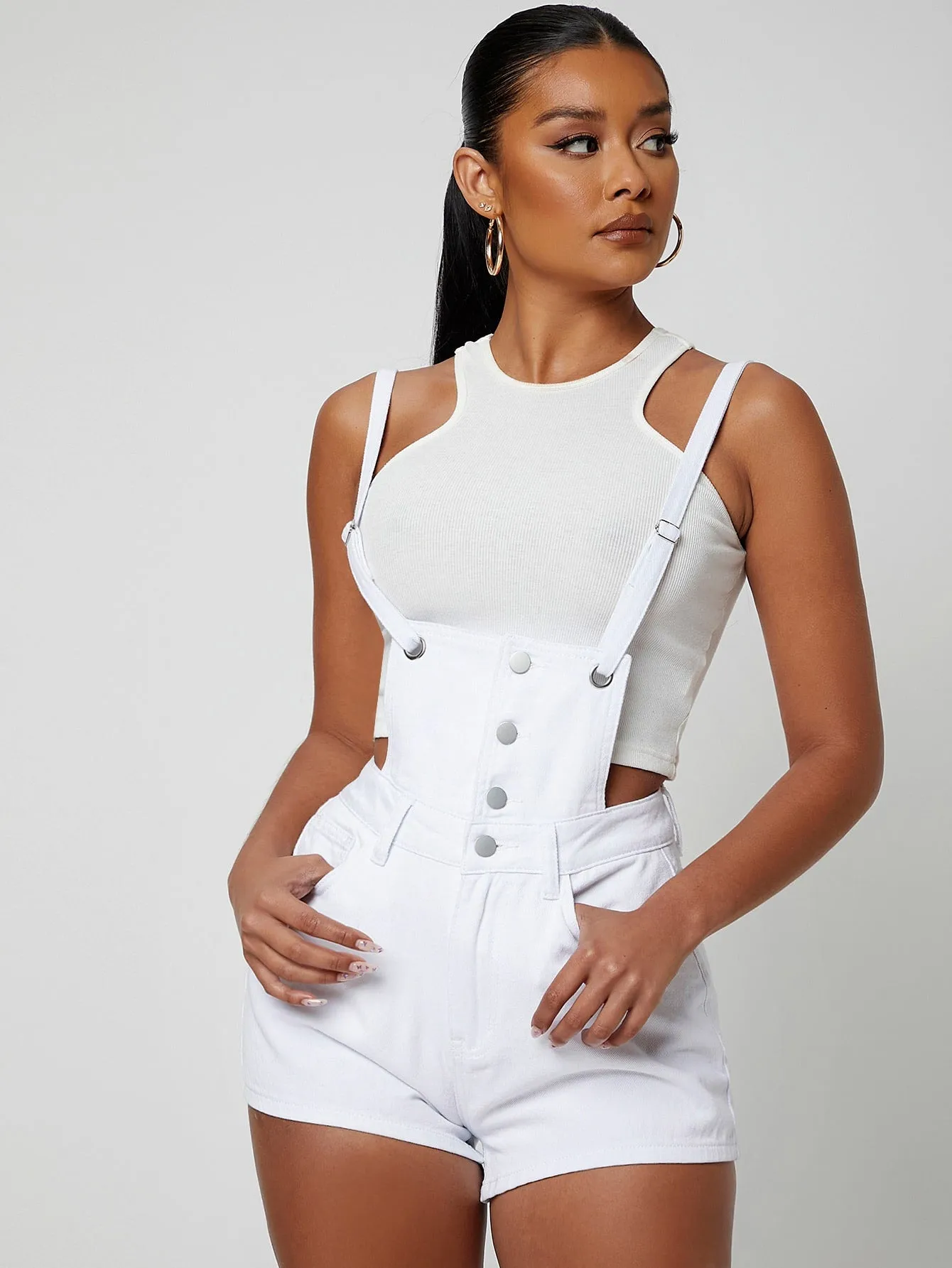Preppy Plain Button Front Sleeveless Straps High Waist Short Women Denim Overalls & Jumpsuit