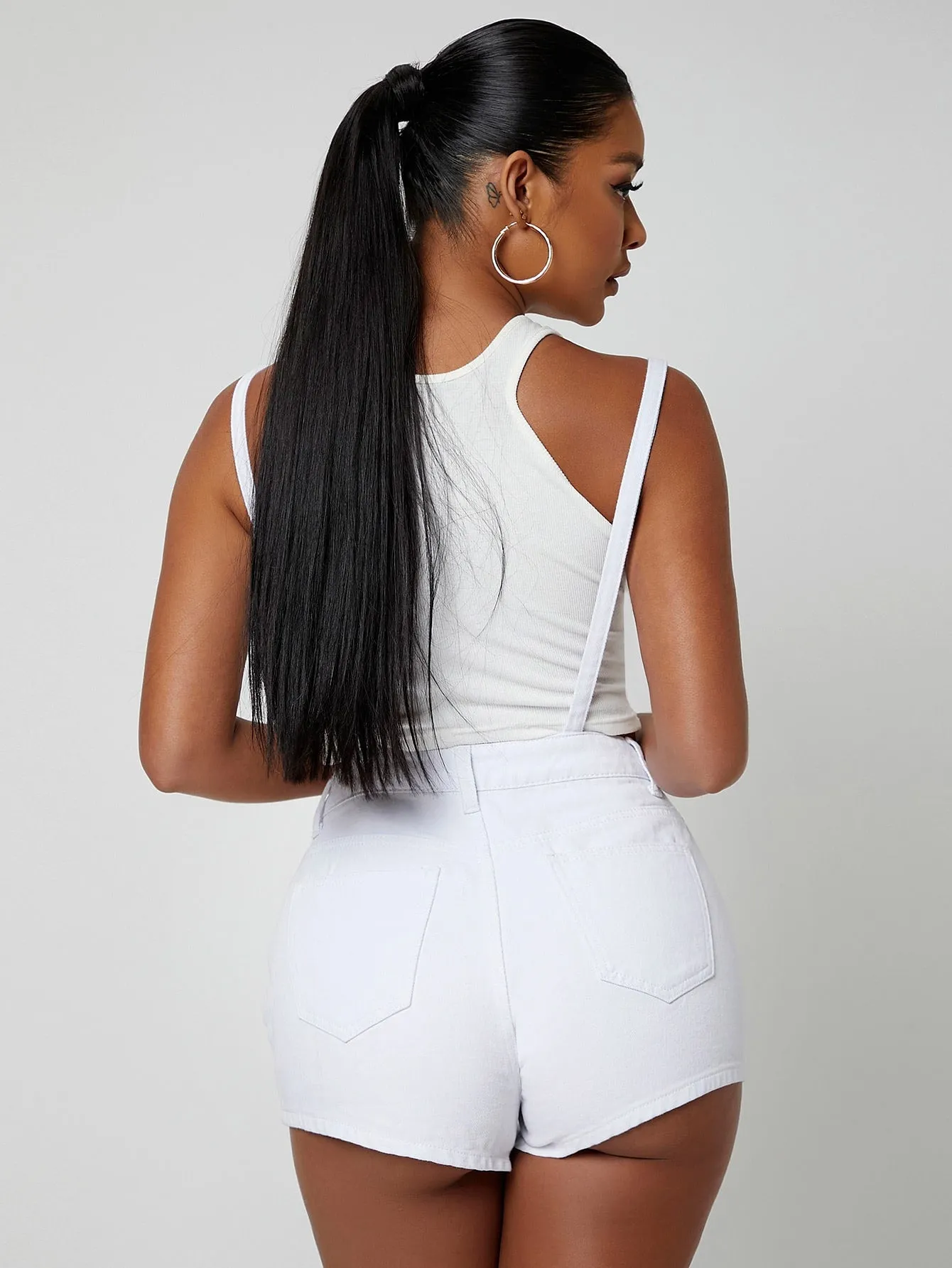 Preppy Plain Button Front Sleeveless Straps High Waist Short Women Denim Overalls & Jumpsuit