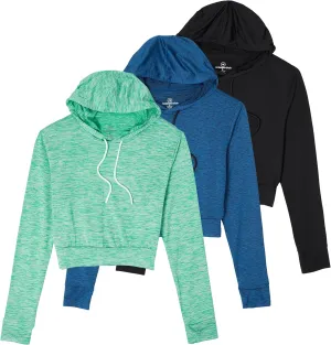 Real Essentials 3 Pack: Women's Dry-Fit Long Sleeve Cropped Hoodie - Athletic Hooded Crop Sweatshirt (Available in Plus Size)