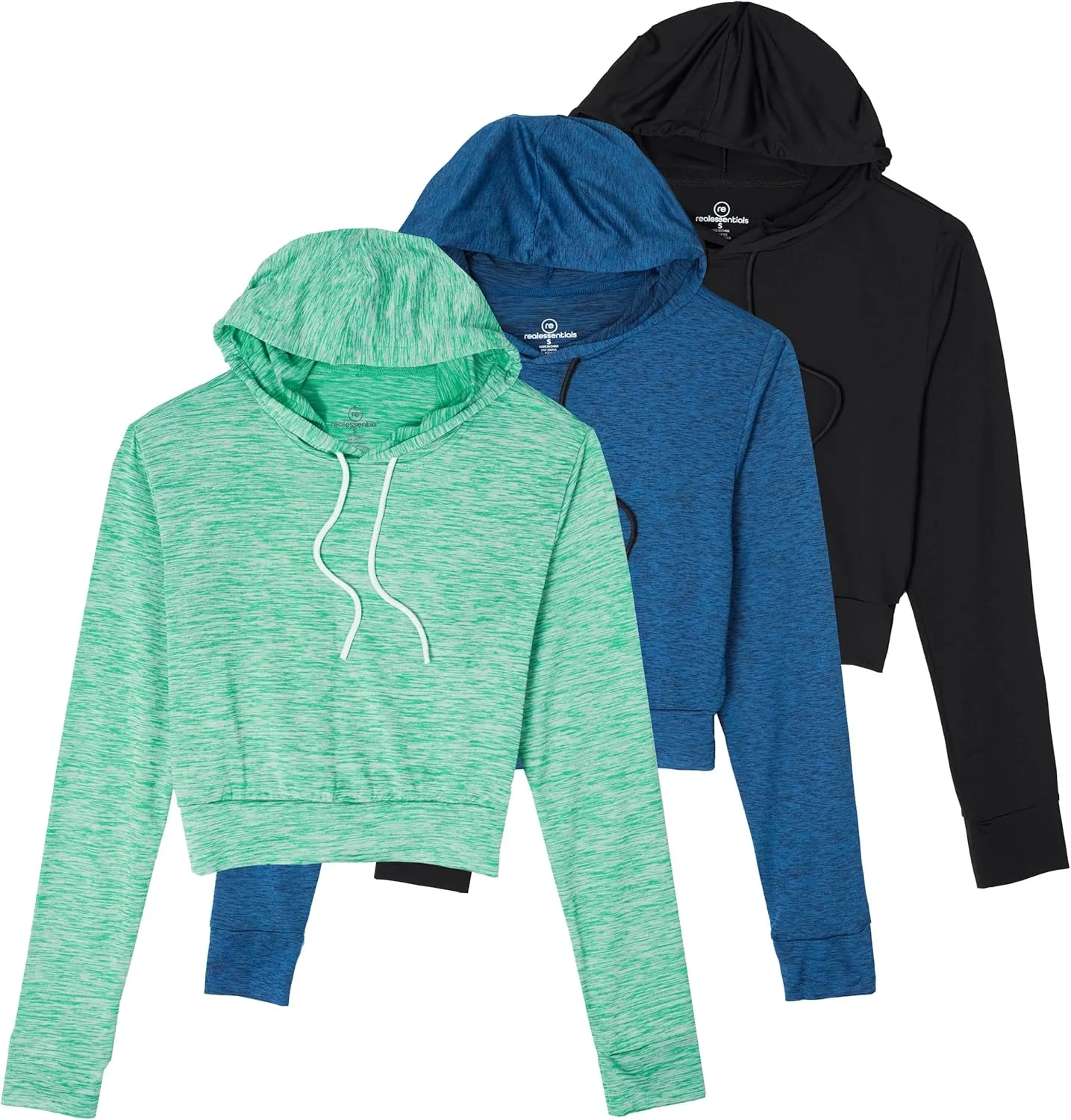 Real Essentials 3 Pack: Women's Dry-Fit Long Sleeve Cropped Hoodie - Athletic Hooded Crop Sweatshirt (Available in Plus Size)
