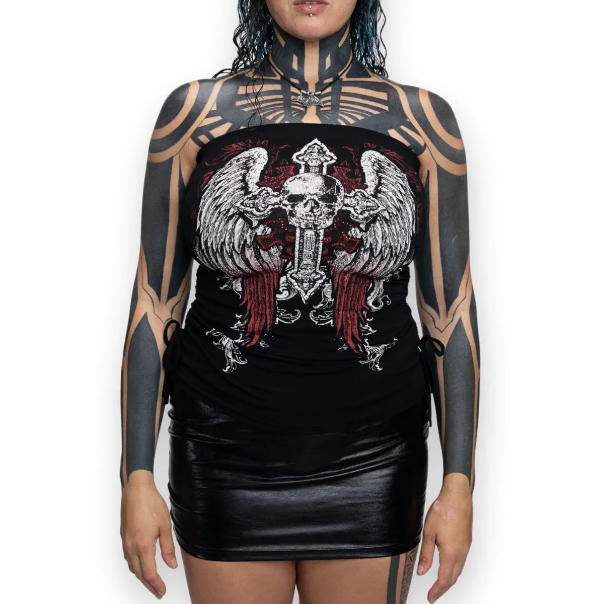 Rhinestone Angel Wings Skull Cross Y2K Tube Top