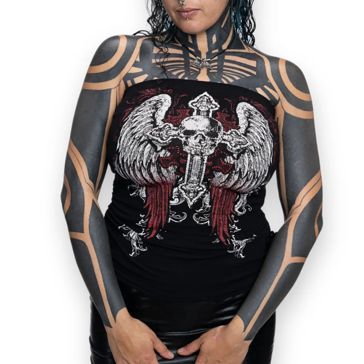 Rhinestone Angel Wings Skull Cross Y2K Tube Top