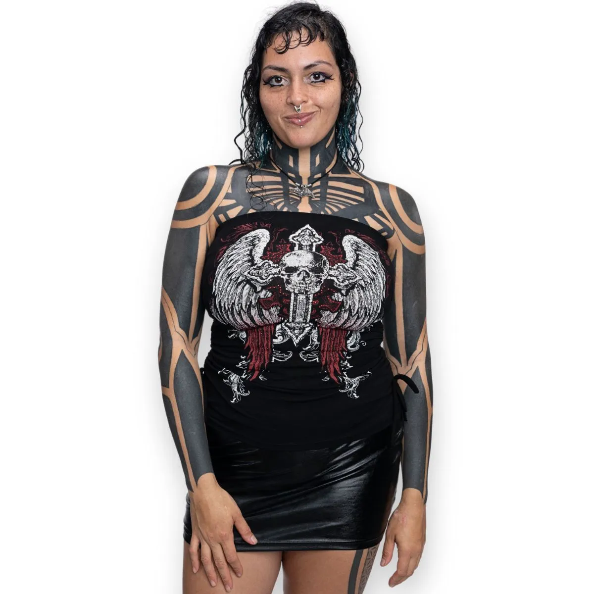 Rhinestone Angel Wings Skull Cross Y2K Tube Top