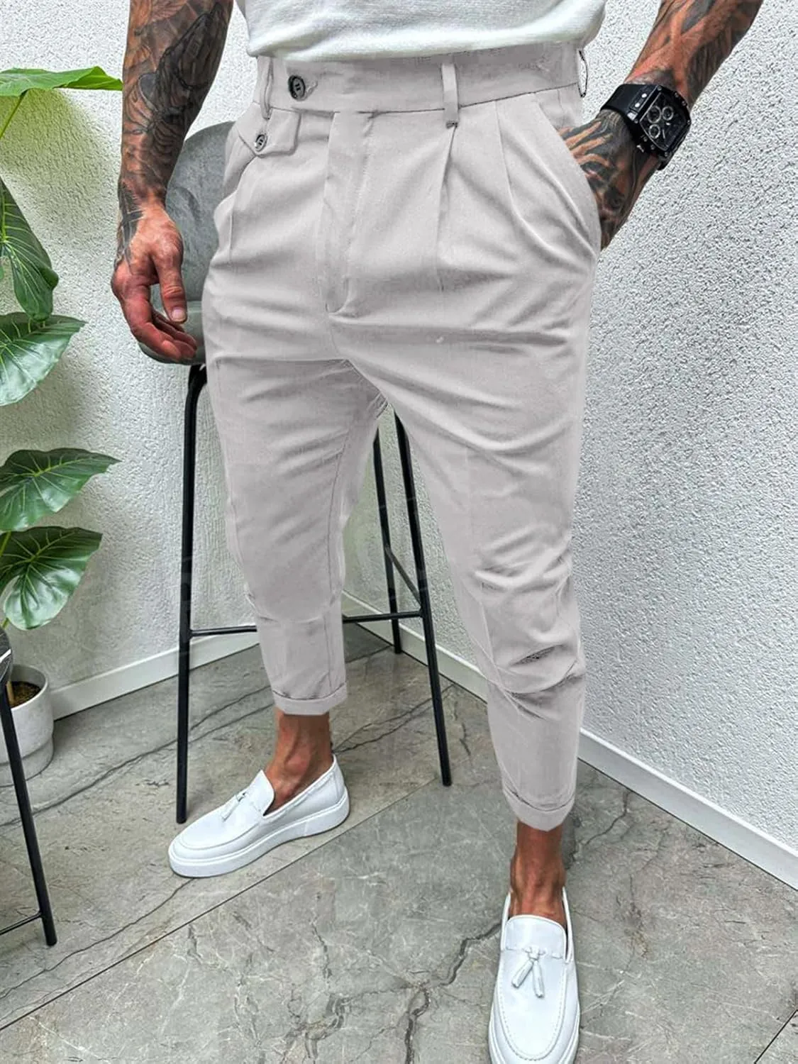 Runcati Mens Slim Fit Dress Pants Pleated Front Skinny Stretch Business Suit Trousers Classic Tapered Work Slacks