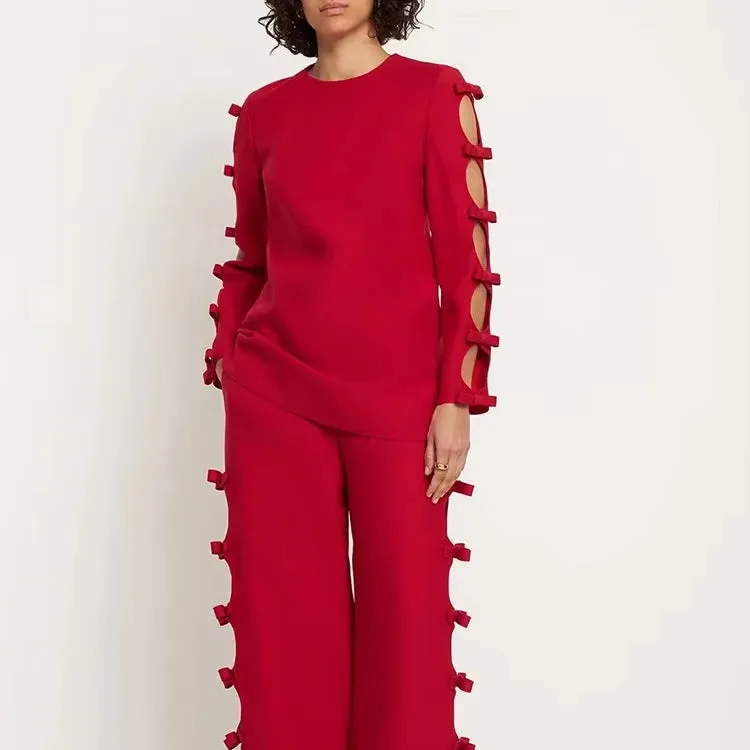 Trend4us Women's Cutout Sleeve Bow Two-Piece Set