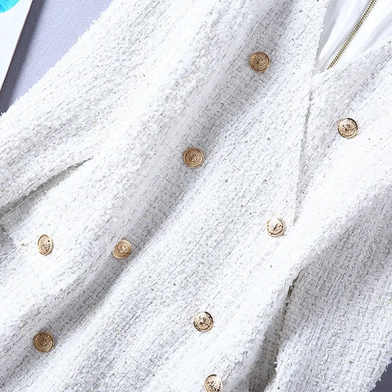 V-neck Double Breasted Tassel Tweed Dress