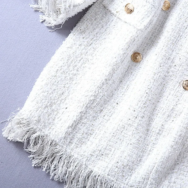 V-neck Double Breasted Tassel Tweed Dress