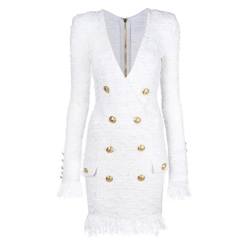 V-neck Double Breasted Tassel Tweed Dress
