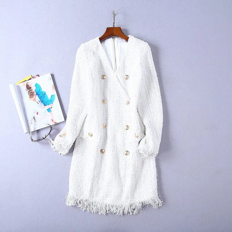 V-neck Double Breasted Tassel Tweed Dress