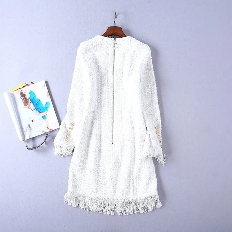 V-neck Double Breasted Tassel Tweed Dress