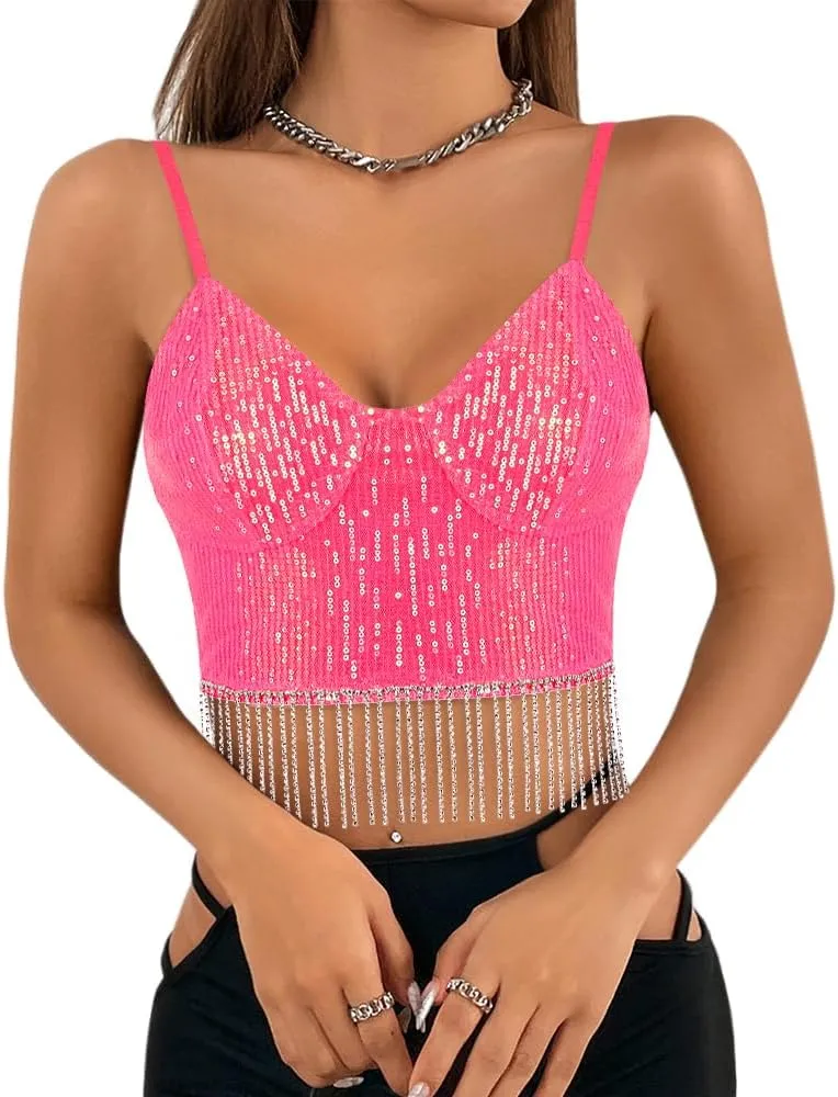 Vimoisa Women Reflective Metallic Tank Top Bustier Spaghetti Strap Crop Top Tight Sleeveless Tube Top Vest Blouse