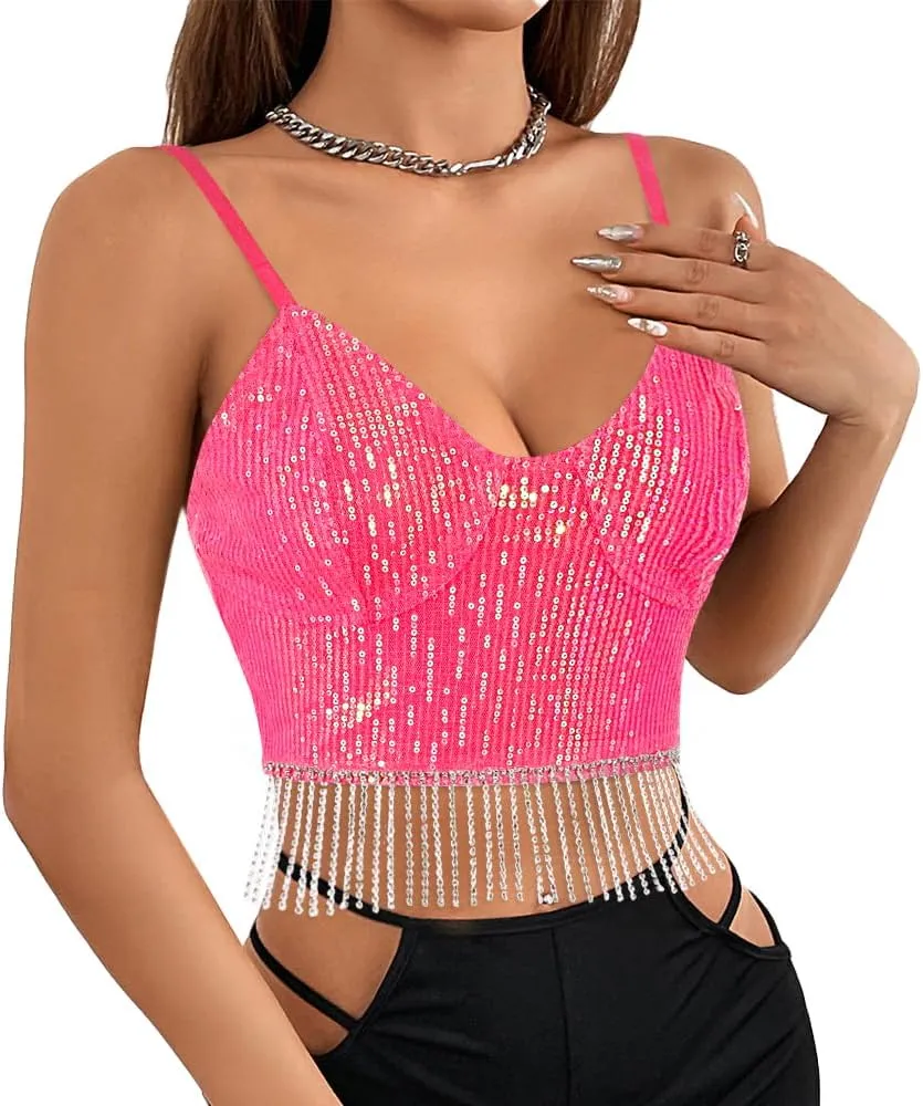 Vimoisa Women Reflective Metallic Tank Top Bustier Spaghetti Strap Crop Top Tight Sleeveless Tube Top Vest Blouse