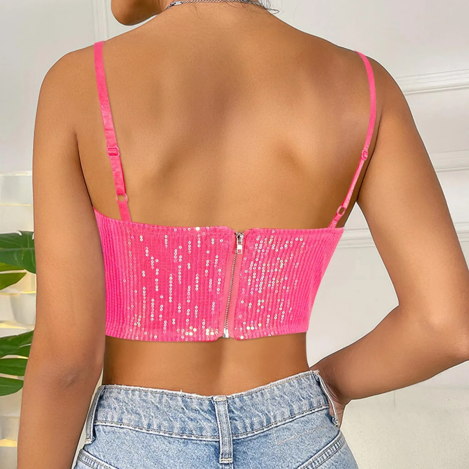 Vimoisa Women Reflective Metallic Tank Top Bustier Spaghetti Strap Crop Top Tight Sleeveless Tube Top Vest Blouse