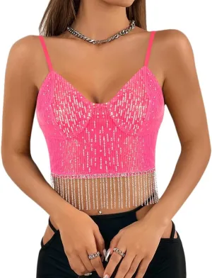 Vimoisa Women Reflective Metallic Tank Top Bustier Spaghetti Strap Crop Top Tight Sleeveless Tube Top Vest Blouse