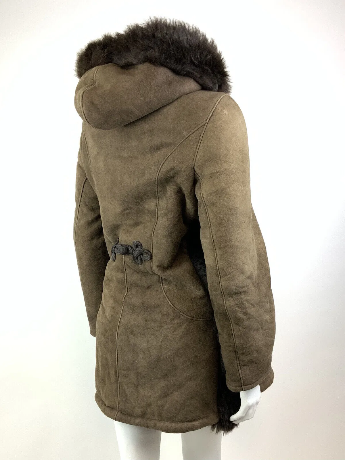 VINTAGE 60s 70s DARK BROWN SUEDE SHEARLING BROCADE HOODED BOHO MOD COAT 14 16