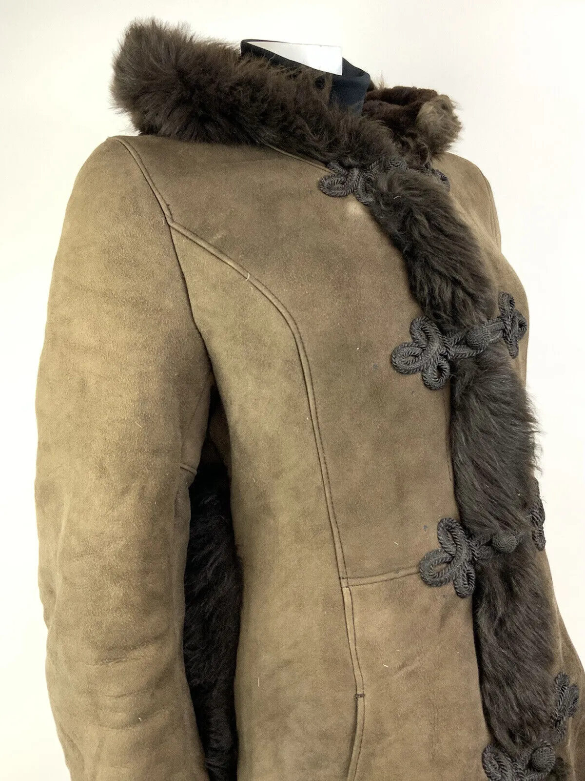 VINTAGE 60s 70s DARK BROWN SUEDE SHEARLING BROCADE HOODED BOHO MOD COAT 14 16