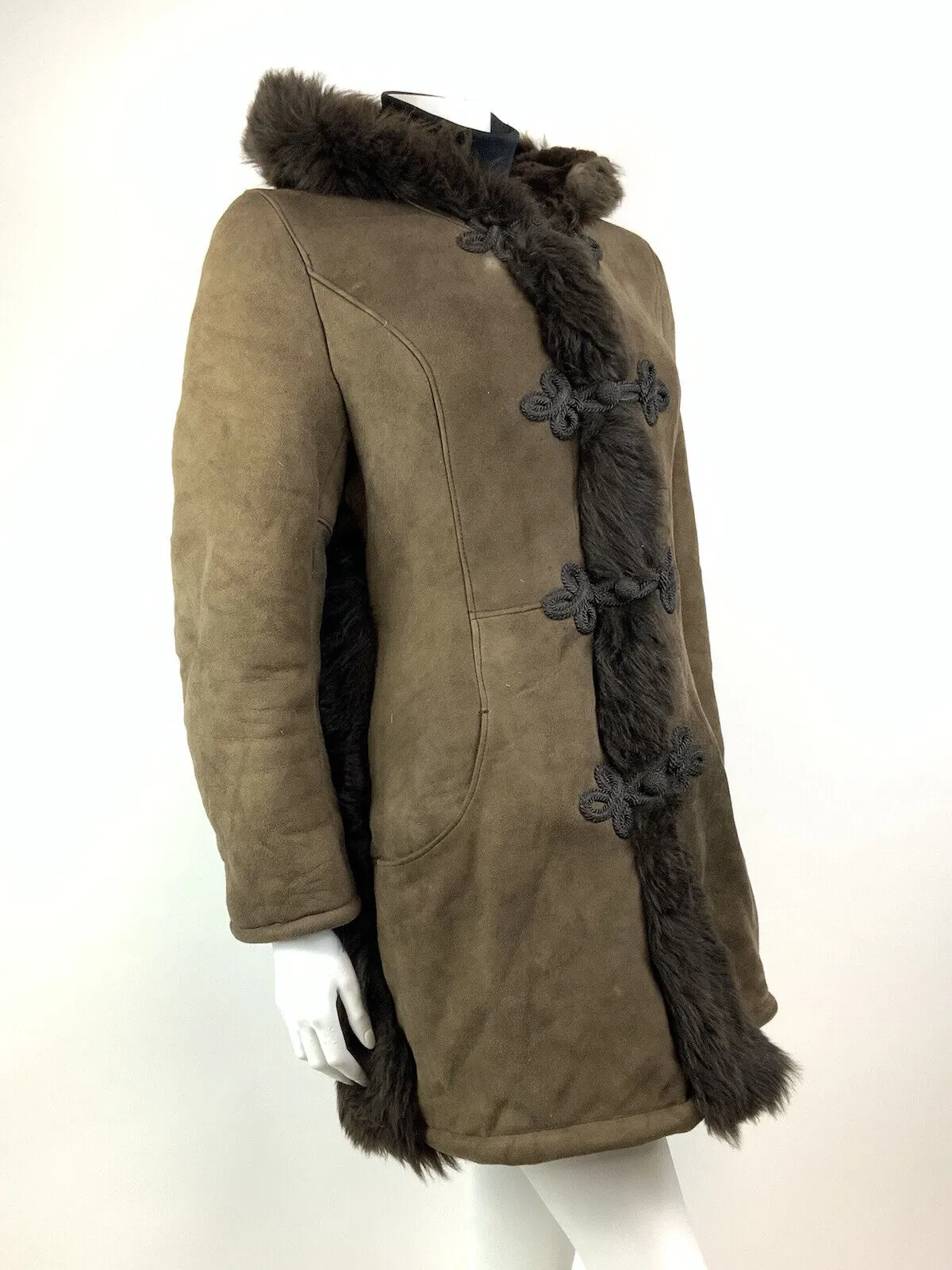 VINTAGE 60s 70s DARK BROWN SUEDE SHEARLING BROCADE HOODED BOHO MOD COAT 14 16