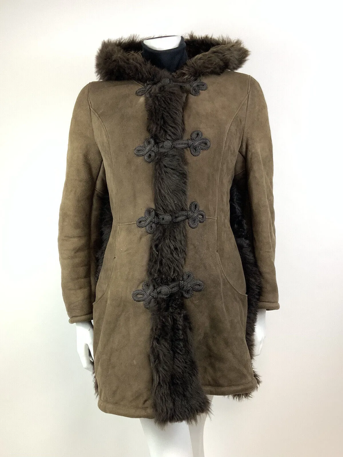 VINTAGE 60s 70s DARK BROWN SUEDE SHEARLING BROCADE HOODED BOHO MOD COAT 14 16