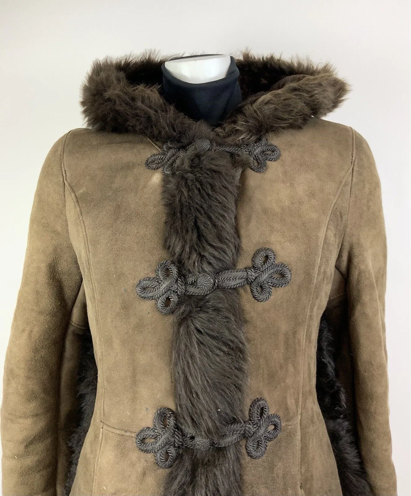 VINTAGE 60s 70s DARK BROWN SUEDE SHEARLING BROCADE HOODED BOHO MOD COAT 14 16