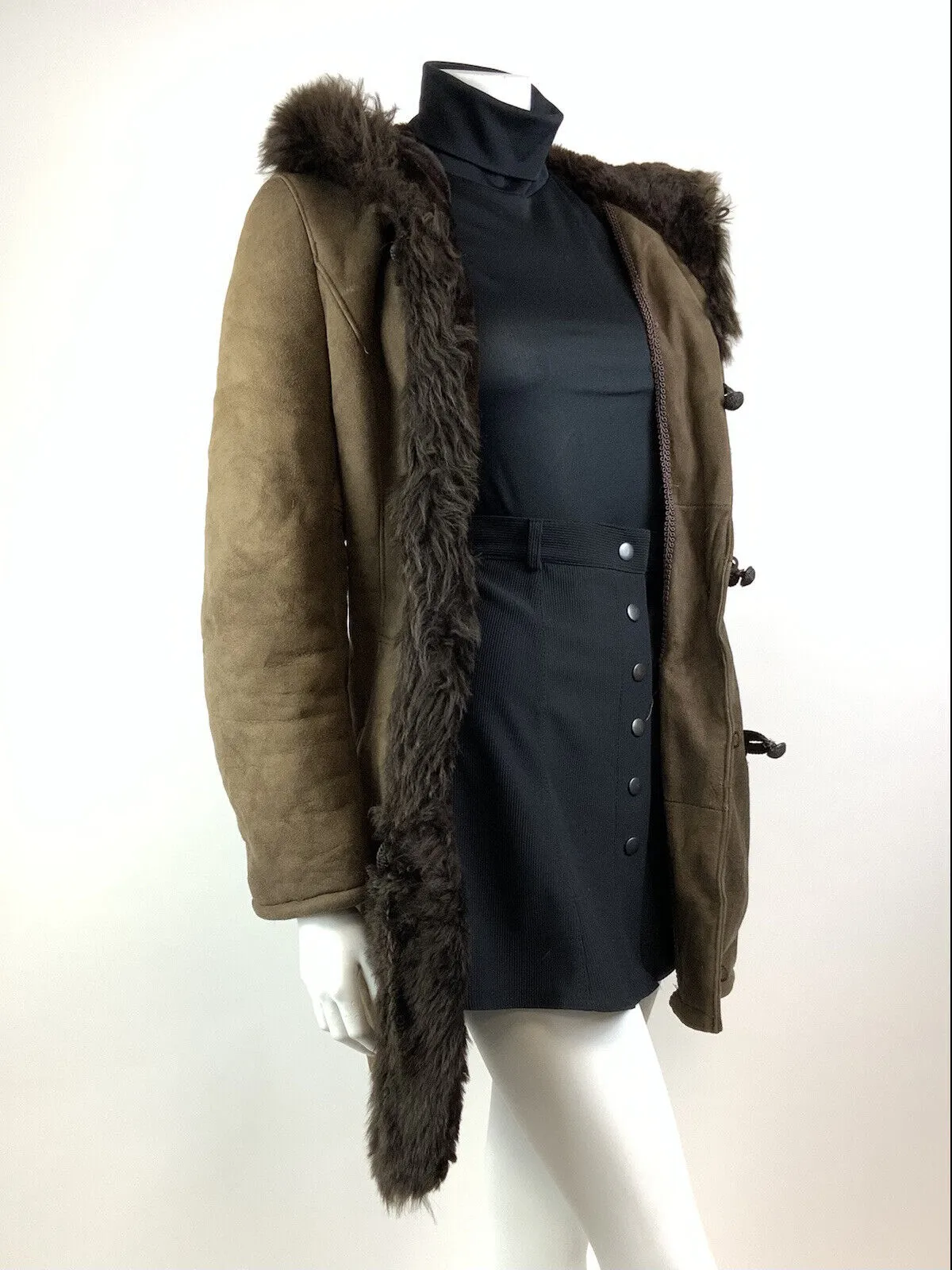 VINTAGE 60s 70s DARK BROWN SUEDE SHEARLING BROCADE HOODED BOHO MOD COAT 14 16