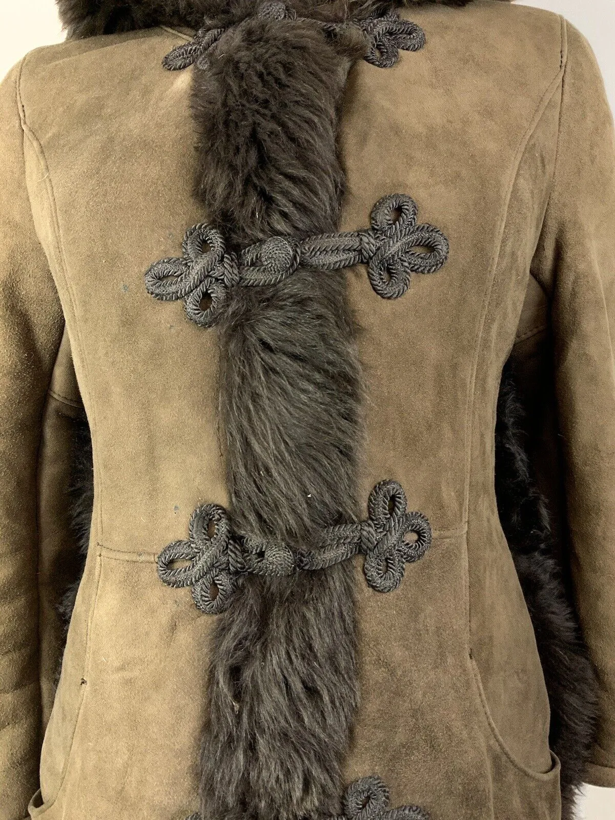 VINTAGE 60s 70s DARK BROWN SUEDE SHEARLING BROCADE HOODED BOHO MOD COAT 14 16