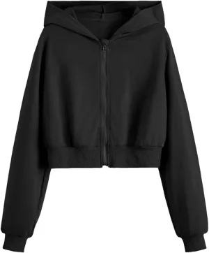 WDIRARA Girl's Zip Front Hoodie Pocket Casual Long Sleeve Sweatshirt Cropped Tops