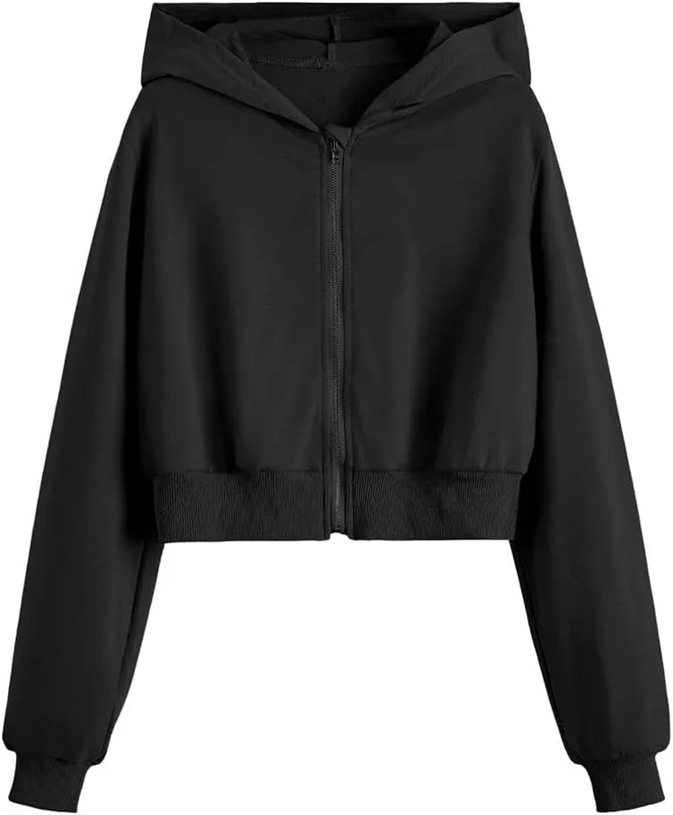 WDIRARA Girl's Zip Front Hoodie Pocket Casual Long Sleeve Sweatshirt Cropped Tops