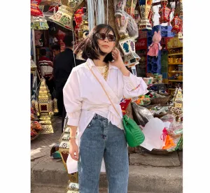 White poplin wrap draped blouse