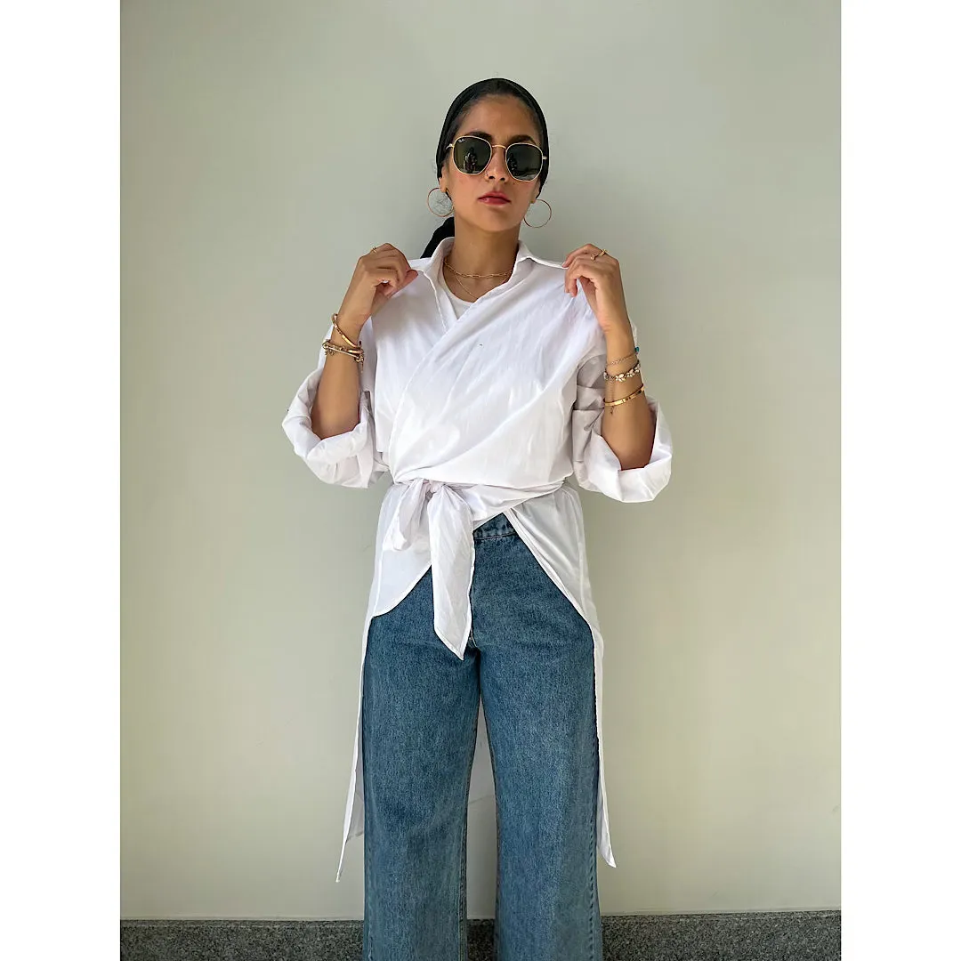 White poplin wrap draped blouse