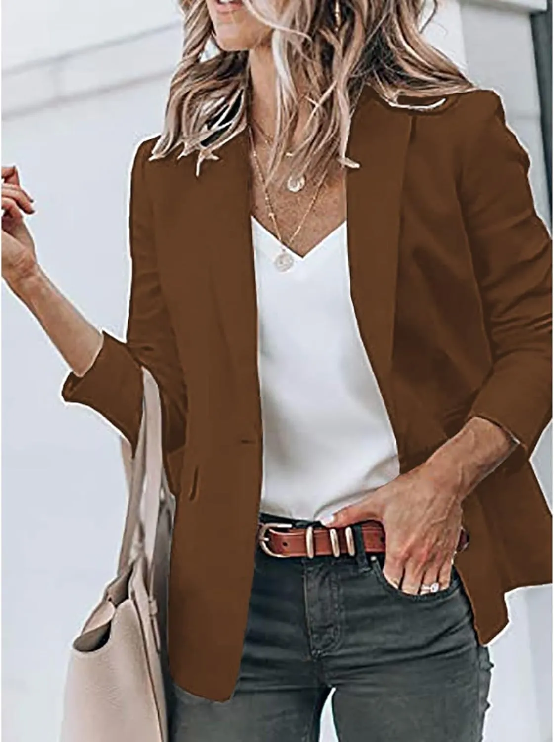 Women Fall Fashion 2024 Blazers Long Sleeve Open Front Button Blazer Jackets Solid Color Work Office Suit Jacket