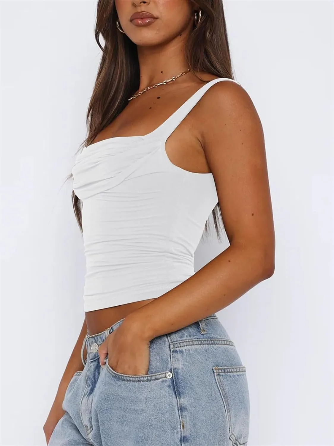 Women Ruched Sleeveless Square Neck Tank Tops Backless Going Out Top Strappy Tight Slim Fit Y2K Cute Crop Top