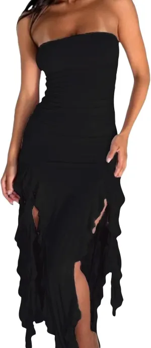 Women Ruffle Tube Dress Sexy Strapless Ruched Thigh Split Asymmetric Hem Tassel Midi Dresses