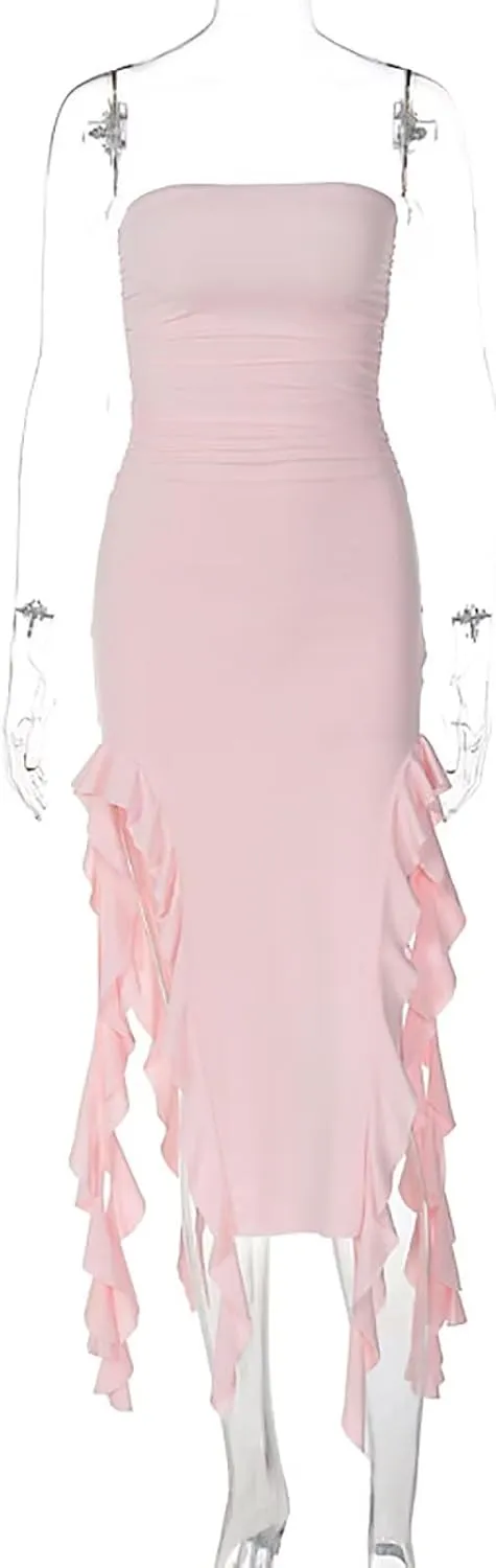 Women Ruffle Tube Dress Sexy Strapless Ruched Thigh Split Asymmetric Hem Tassel Midi Dresses