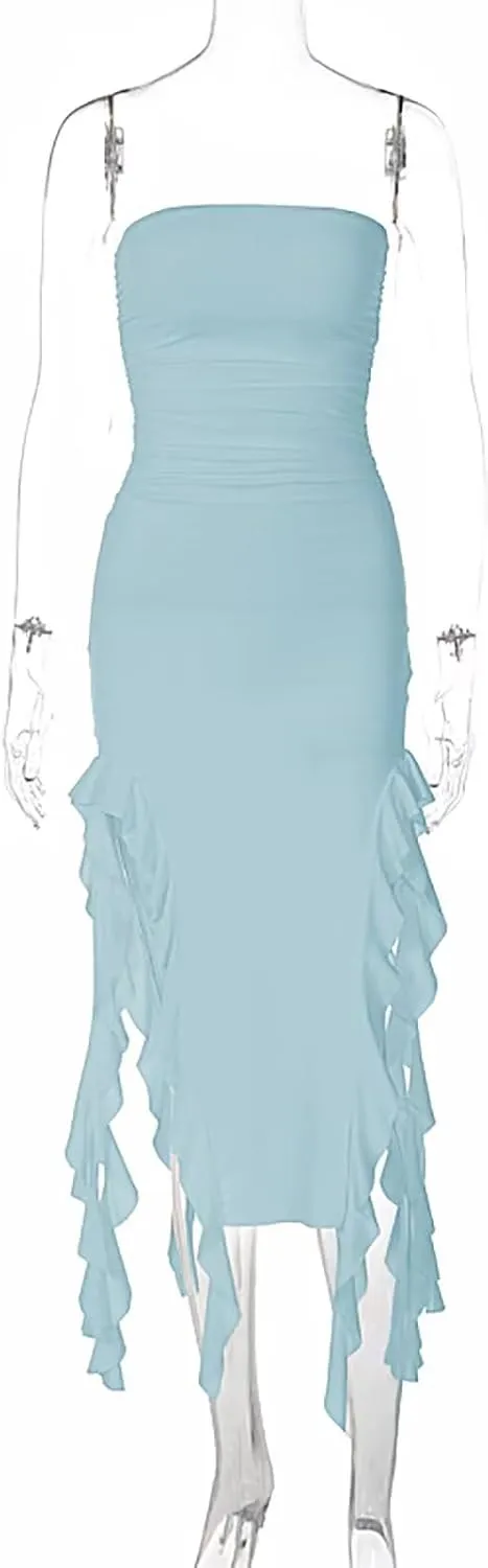 Women Ruffle Tube Dress Sexy Strapless Ruched Thigh Split Asymmetric Hem Tassel Midi Dresses