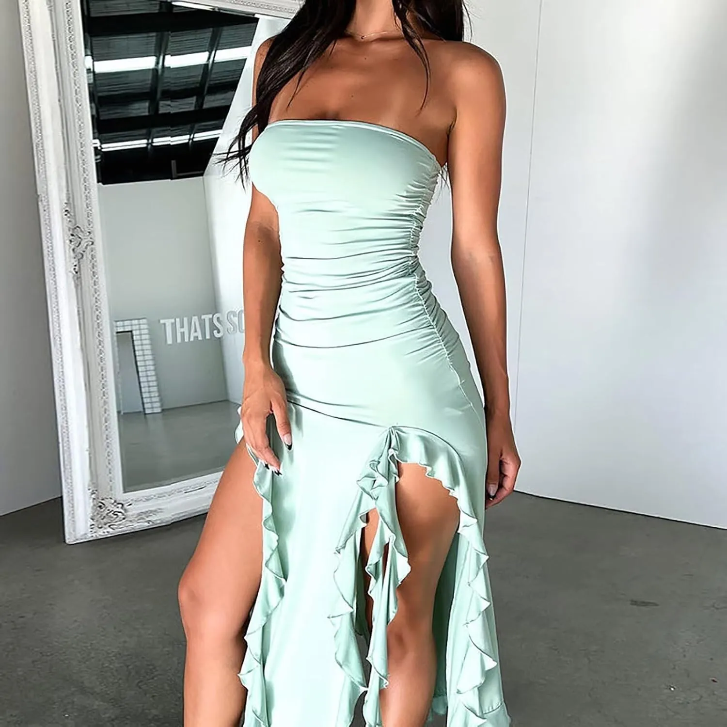 Women Ruffle Tube Dress Sexy Strapless Ruched Thigh Split Asymmetric Hem Tassel Midi Dresses