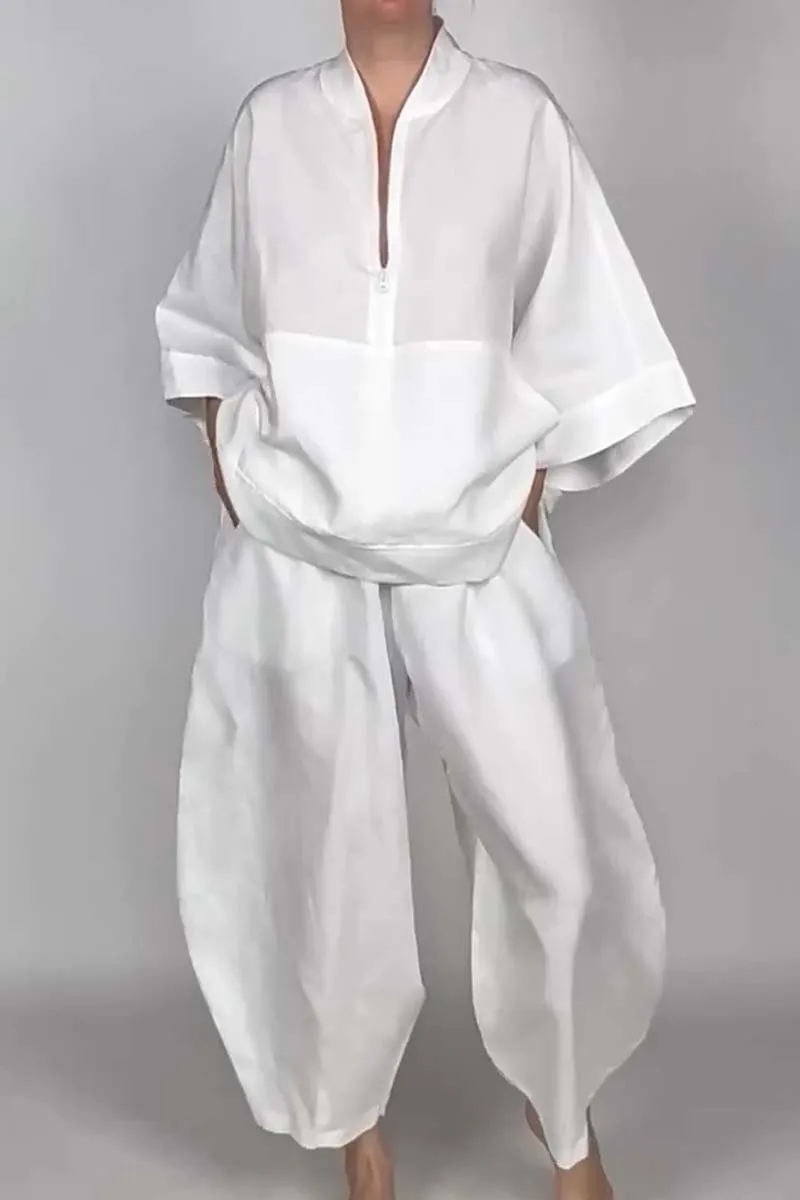 Women's casual half-zip top   bloomers solid color two-piece set